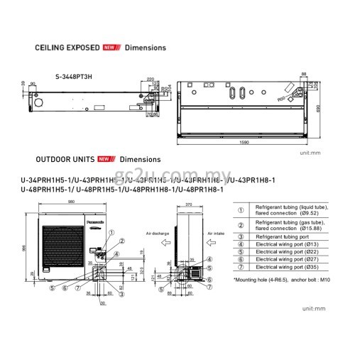 PANASONIC S3448PT3H/U48PR5-L CEILING EXPOSED 5HP INVERTER (R32) 1 PHASE